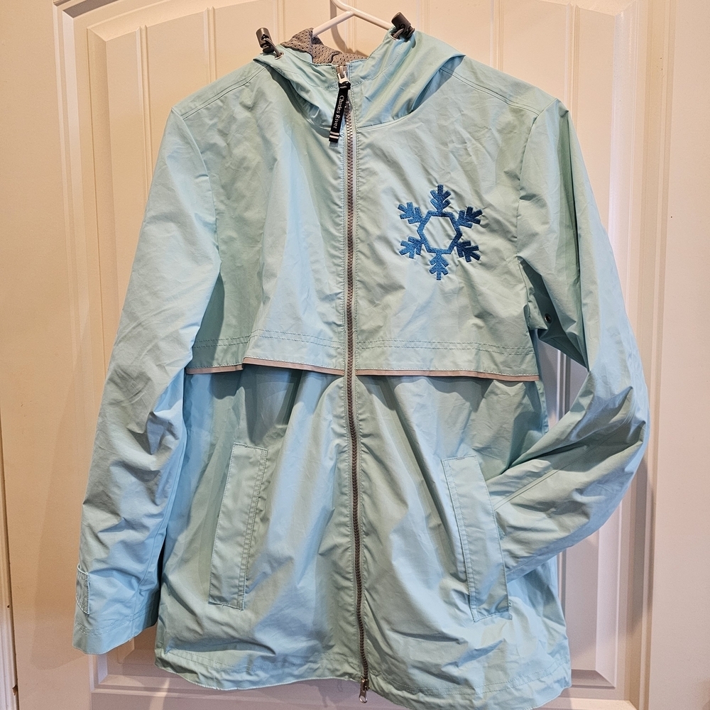 Charles River Light Blue Hooded Rain Coat Jacket with Snowflake Design